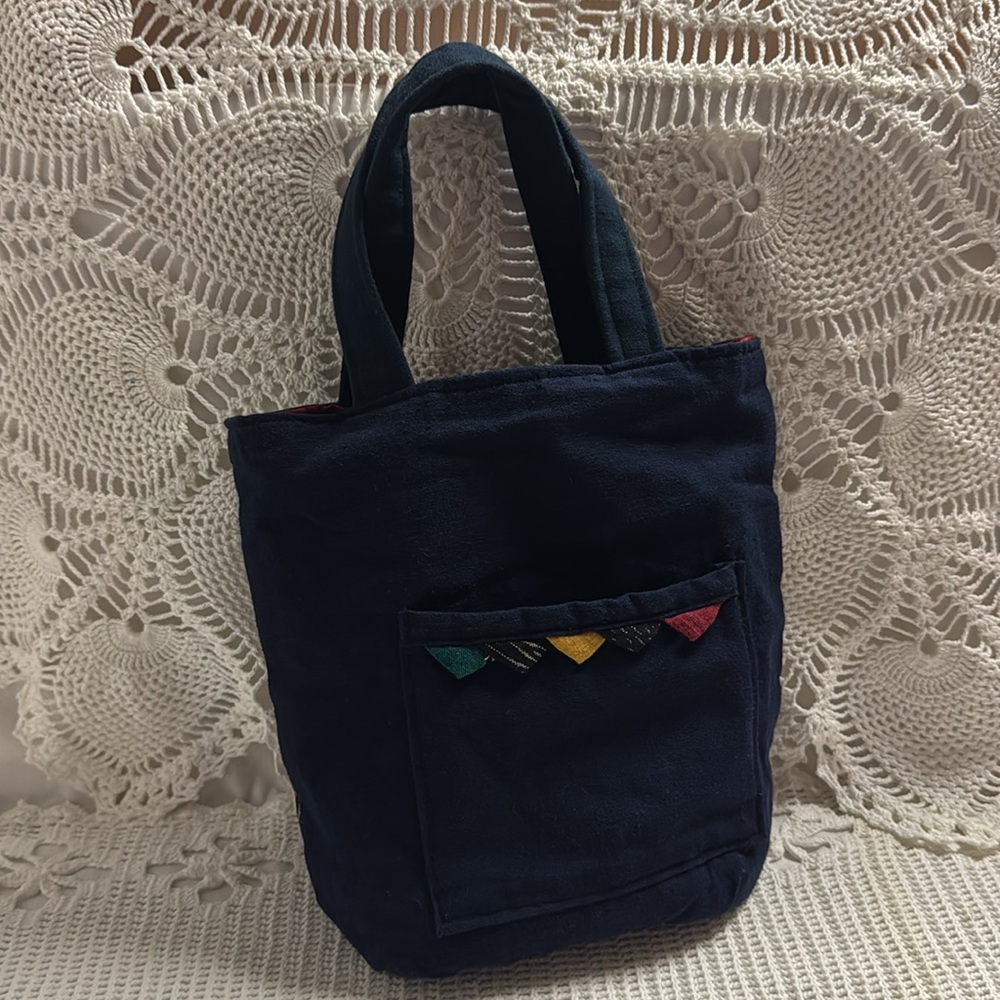 BOHO Fabric Reversible Mini Tote Bag Pockets Dual Handle Travel Folds Red Blue - Picture 3 of 14